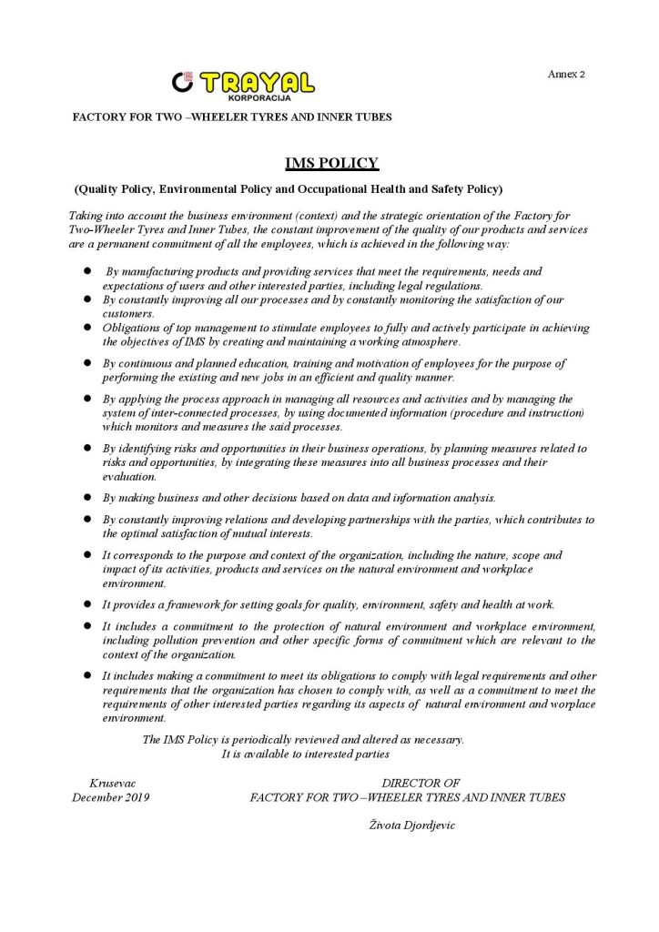Declaration of quality policy FGDUG
